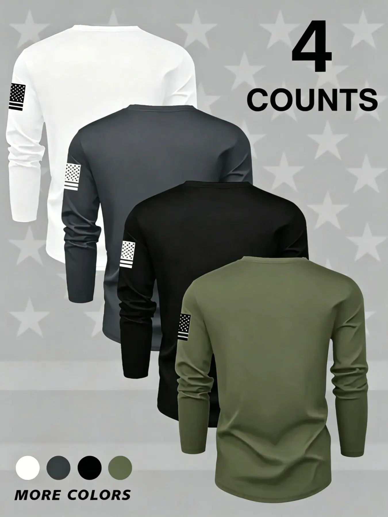 Men's Round Neck Long Sleeve T-Shirts, Casual Knitwear Top, Slight Stretch, Flag Print, Quick Dry, Gym, Running, Outdoor Activities