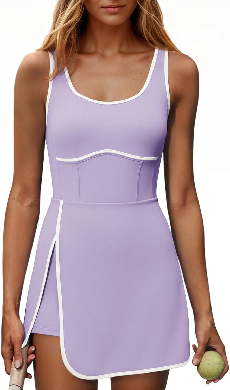 Womens Workout Tennis Dress with Built-in Bra & Shorts Pockets Sleeveless Cutout Golf Athletic Mini Dresses