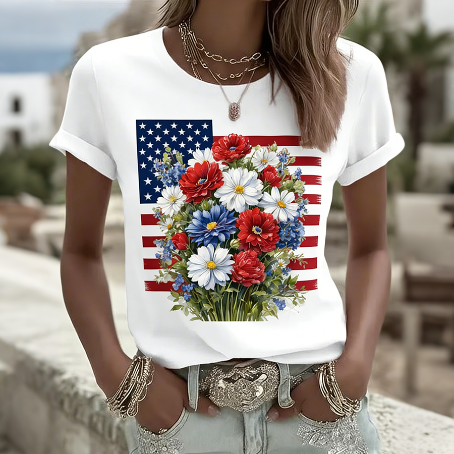 Ladies' Casual American Flag Printed Round Neck Short Sleeved T-Shirt