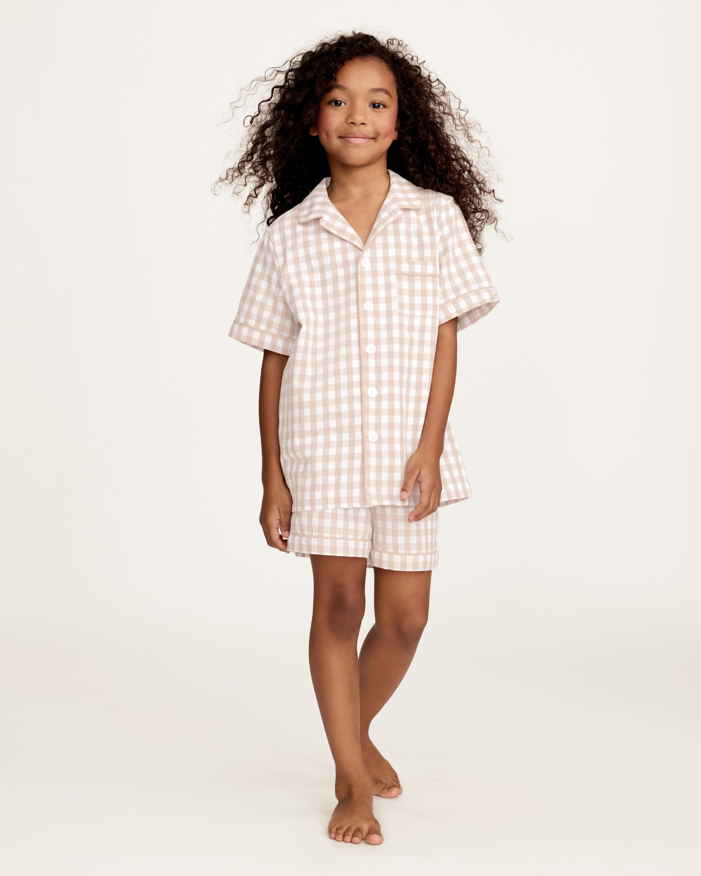 Kid's Twill Pajama Short Set in Camel Gingham
