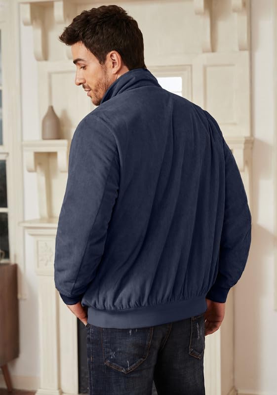 Mens Corduroy Jackets Full Zip Up Mock Neck Long-lined Fleece Sherpa Vintage Trucker Shackets Coat with Pockets