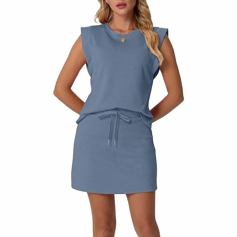 Women's Summer 2 Piece Skort Set Cap Sleeve Round Neck Top & Tennis Skirt with Pockets for Athletic & Casual