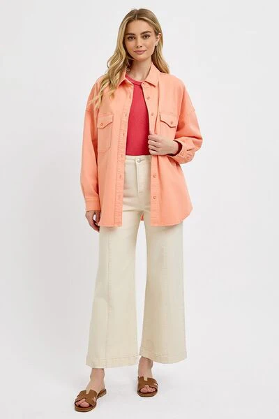 Full Size Button Down Long Sleeve Denim Shacket with Chest Pockets