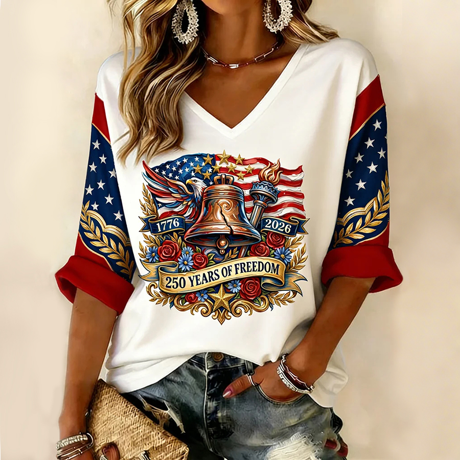 Ladies' Casual American 250Th Anniversary Celebration V-Neck Half Sleeved T-Shirt