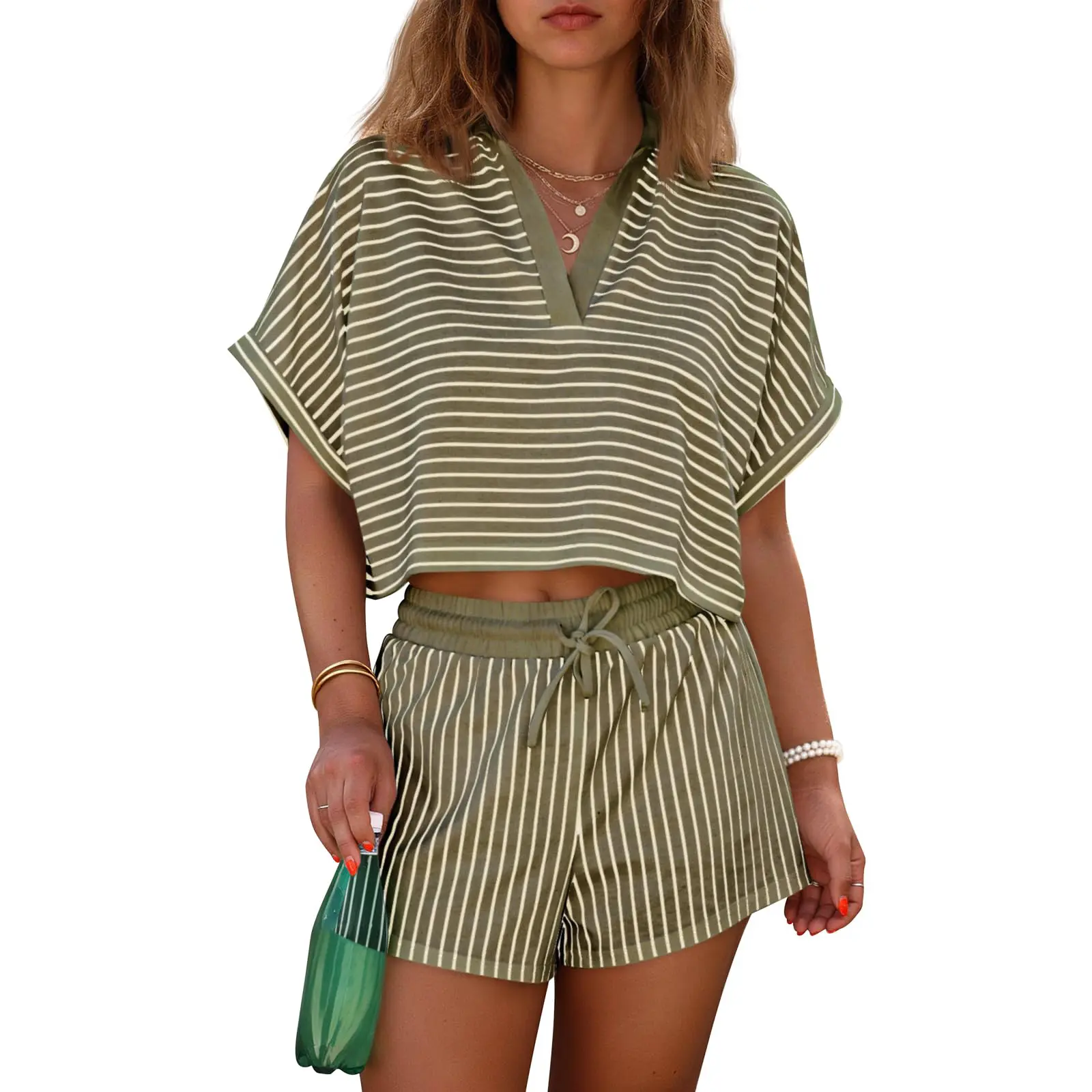 Womens Striped 2 Piece Short Sets