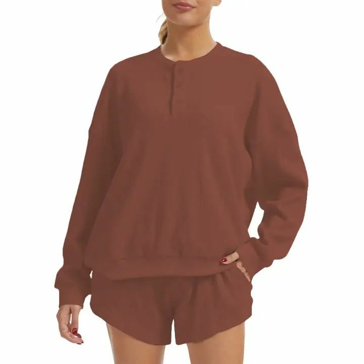 Women's Oversized Waffle Knit Lounge Set – Long Sleeve Henley Sweatshirt and High Waisted Shorts 2 Piece Casual Outfit Summervibes