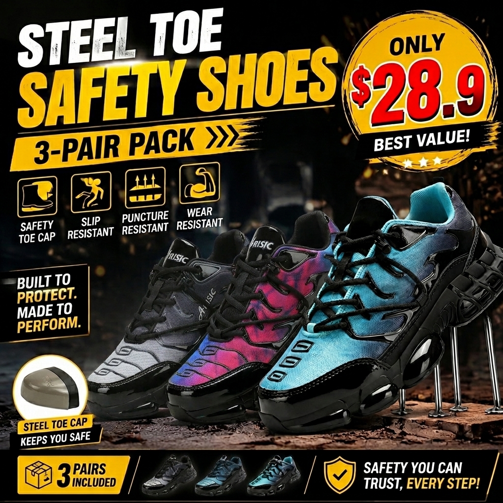Unisex Steel-Toe Sneakers – Wide-Fit Lightweight Safety Shoes; Comfortable, Colorful Work/Tennis Shoes (Black, Fully Enclosed Style)