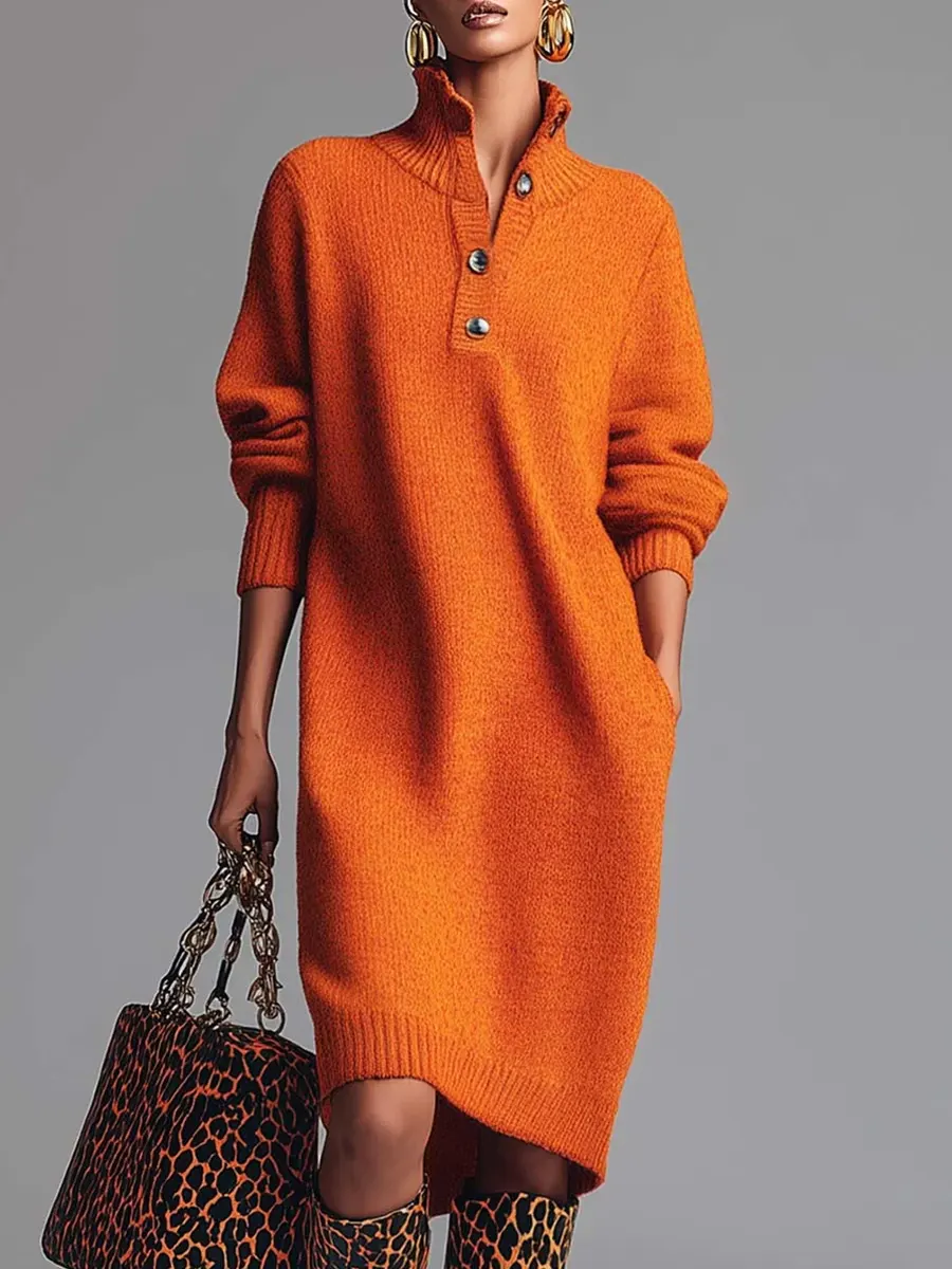 Women's Stand Collar Long Sleeve Casual Loose Knit Dress