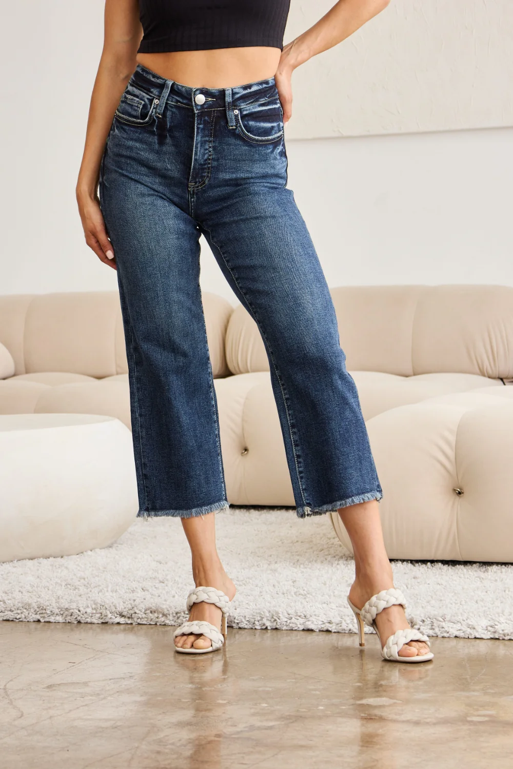 Full Size Tummy Control High Waist Raw Hem Distressed Jeans