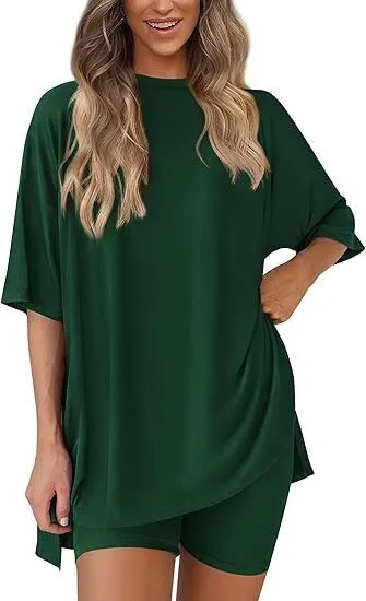 🔥Women's Two Piece Lounge Set Summer Casual Oversized Shirts Biker Shorts