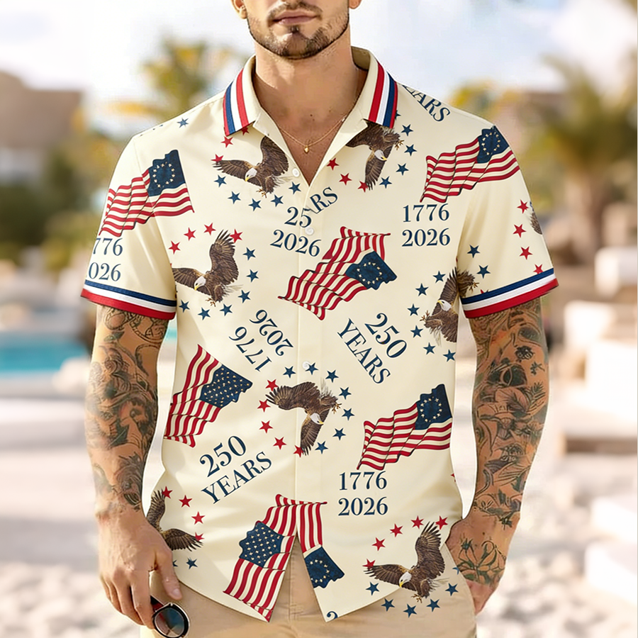 Men'S Casual American Flag Eagle Art Print Hawaiian Shirt