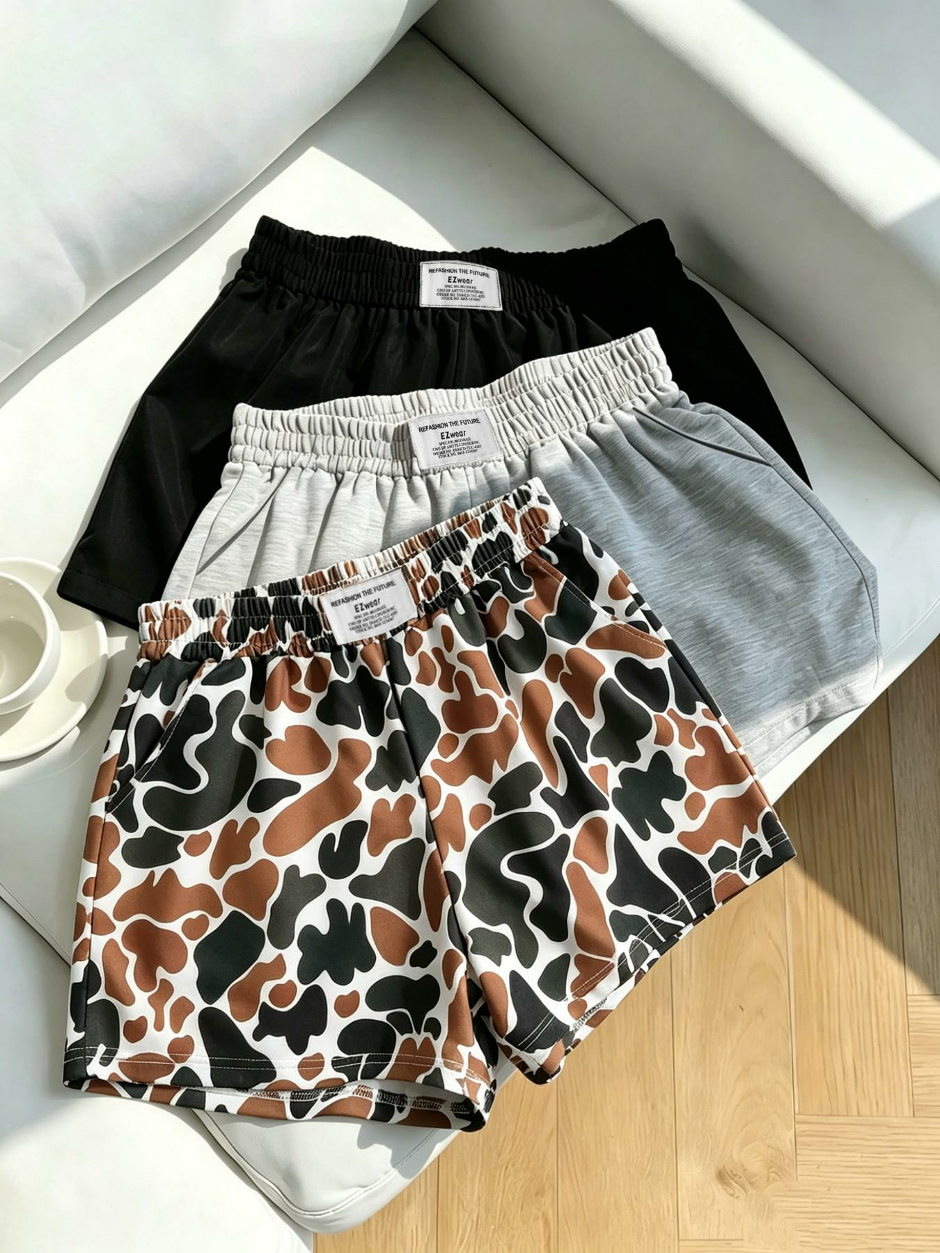 Women's Casual Loose Fit Baggy Shorts, Elastic Waist Camo Print and Solid Color, Summer All-Season Versatile Pants, 3 Piece Set