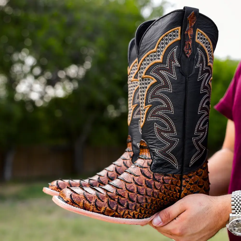 Honey Cognac Python Leather Boots - Square Toe