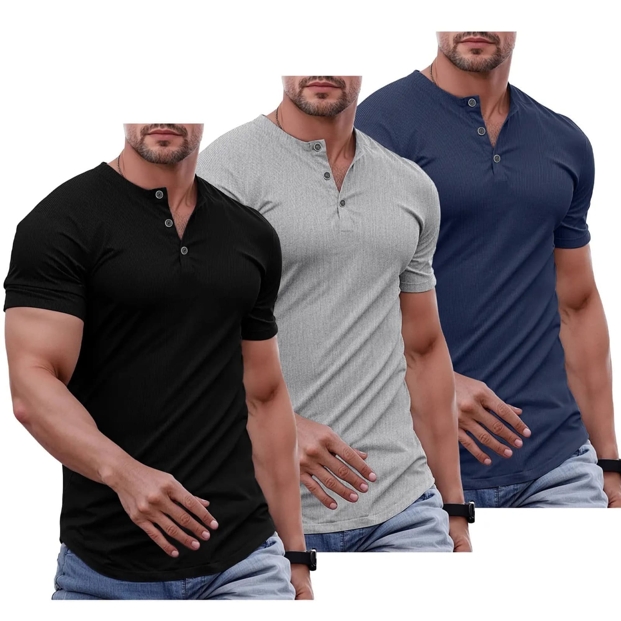 Men's Plain Muscle Slim Fitted Henley Shirts Crewneck Longline T-Shirt Gym Workout Athletic Shirt Tees