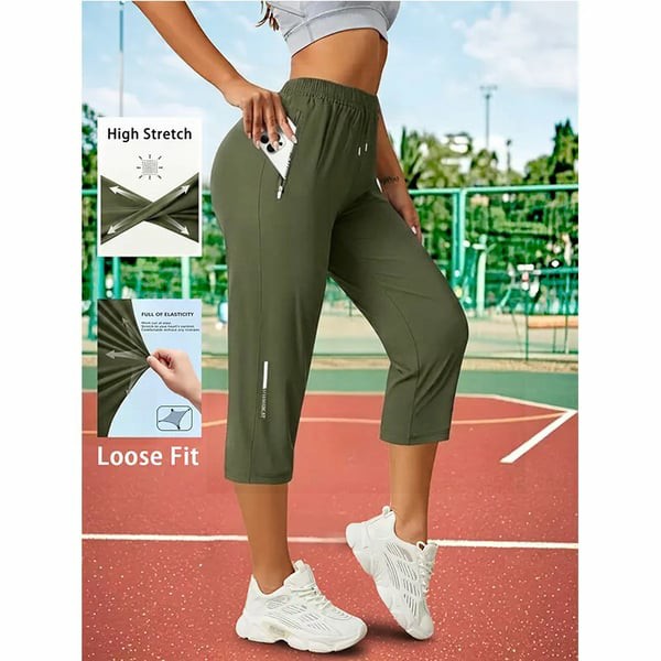 Women’s Capri Pants – Loose Fit, Summer Drawstring Waist, Zipper Pockets