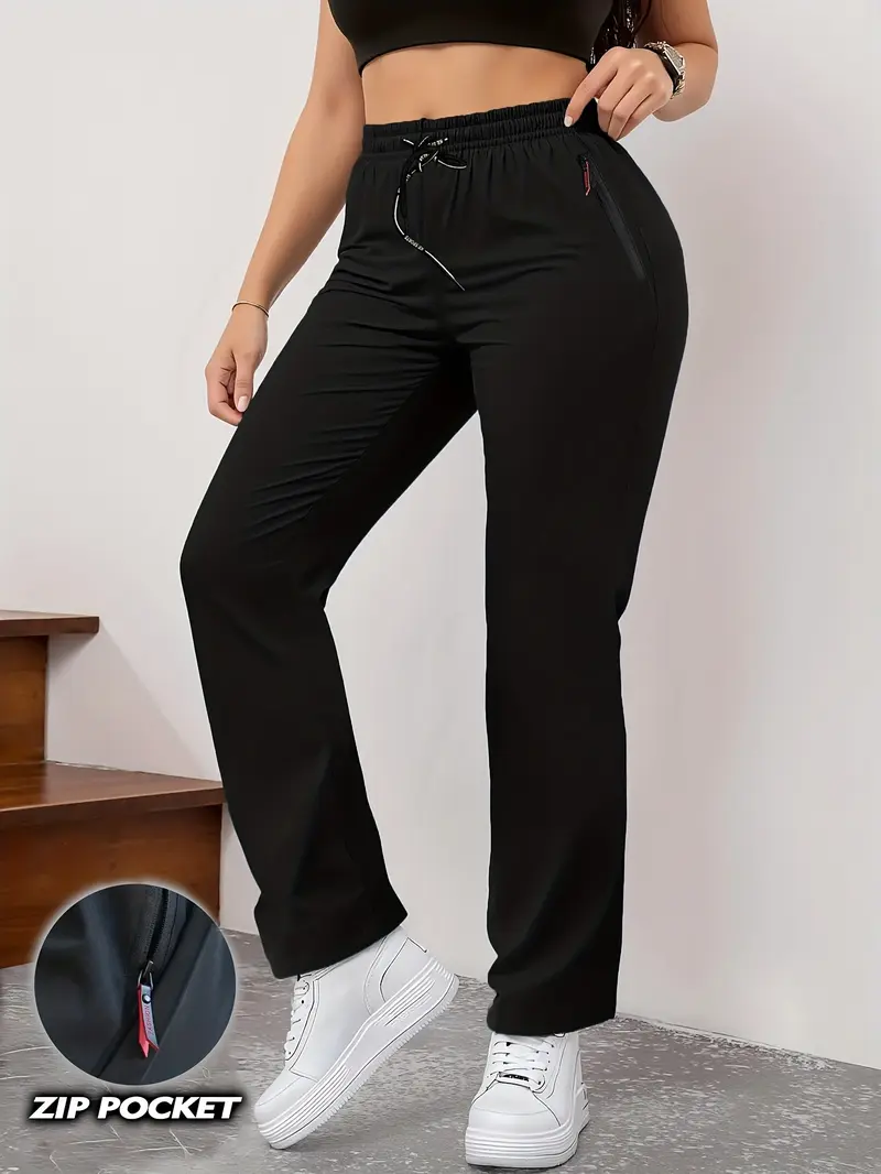 Women's Summer High-Waist Straight-Leg Casual Jogger Pants with Zipper Pockets Fitted Minimalist