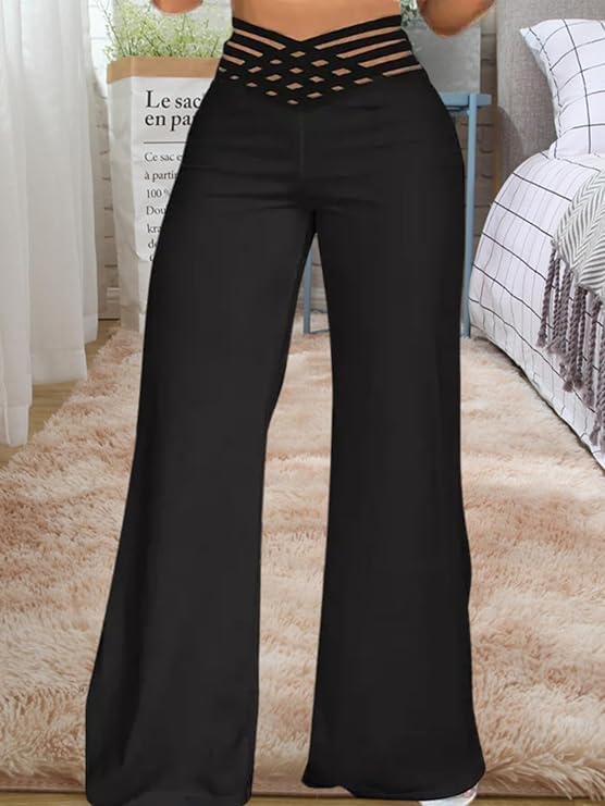 Women's Elastic Waist Flare Leg Pants Soild Ruched Long Yoga Trousers