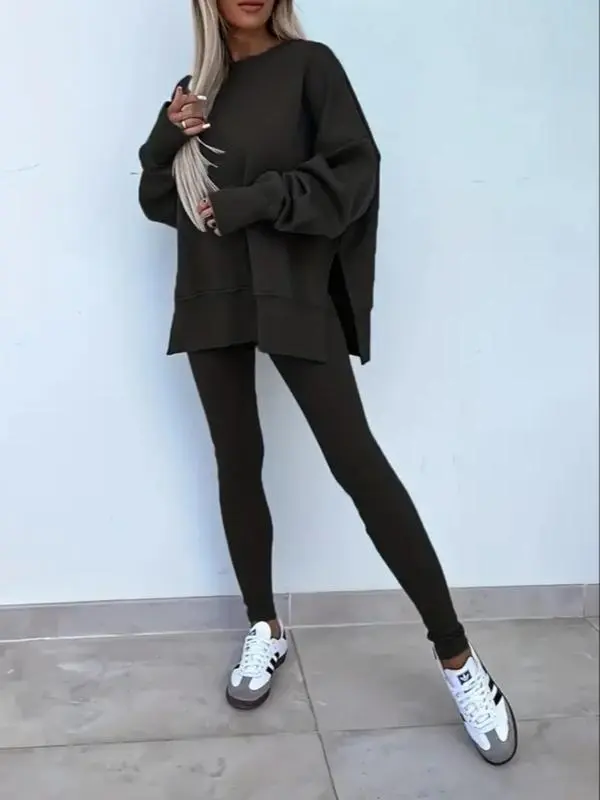 Women's Solid Long Sleeve Pullover & Leggings Sports Set