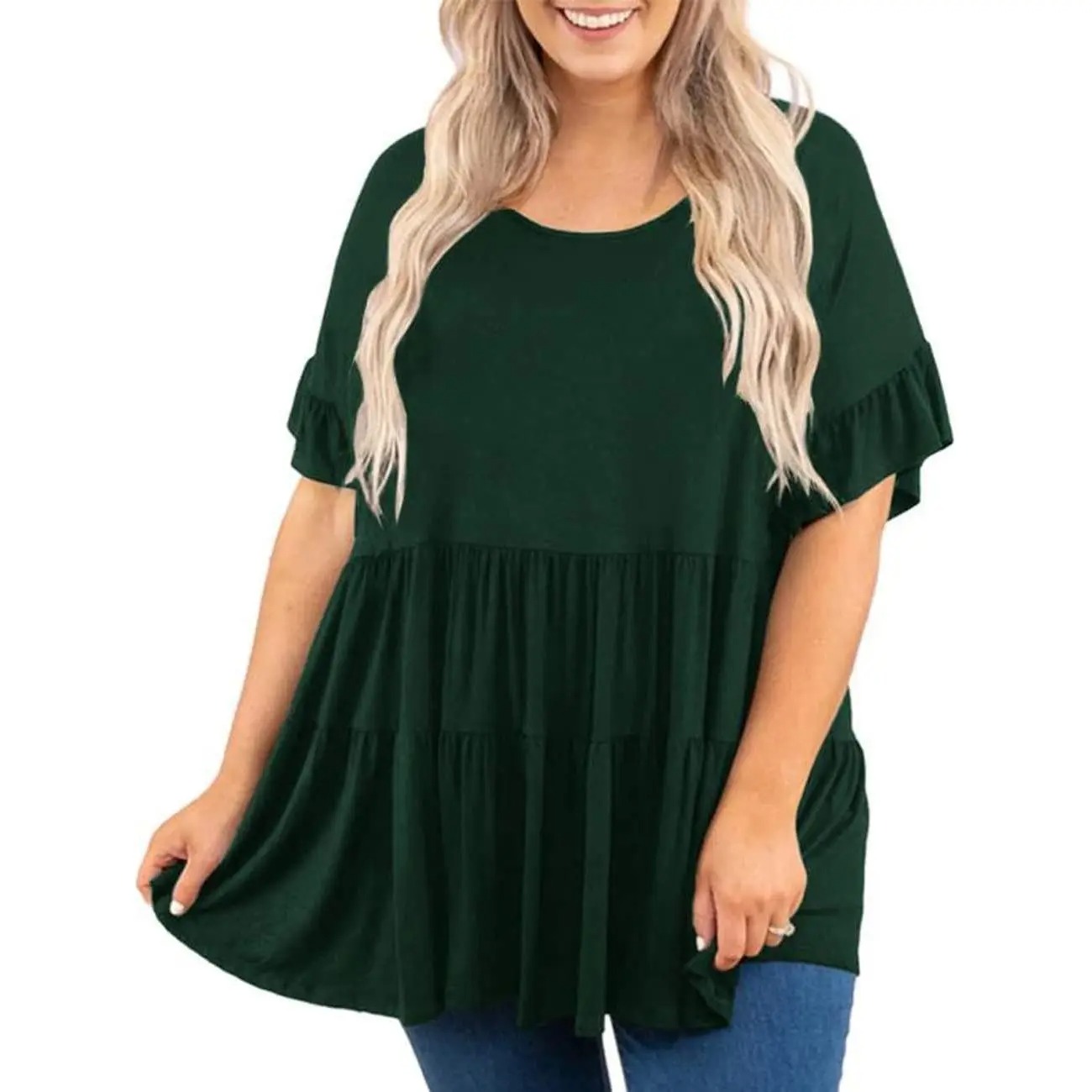 Women's Plus Size Ruffled Shirt Tops Summer Short Sleeve Loose Blouse Tunics