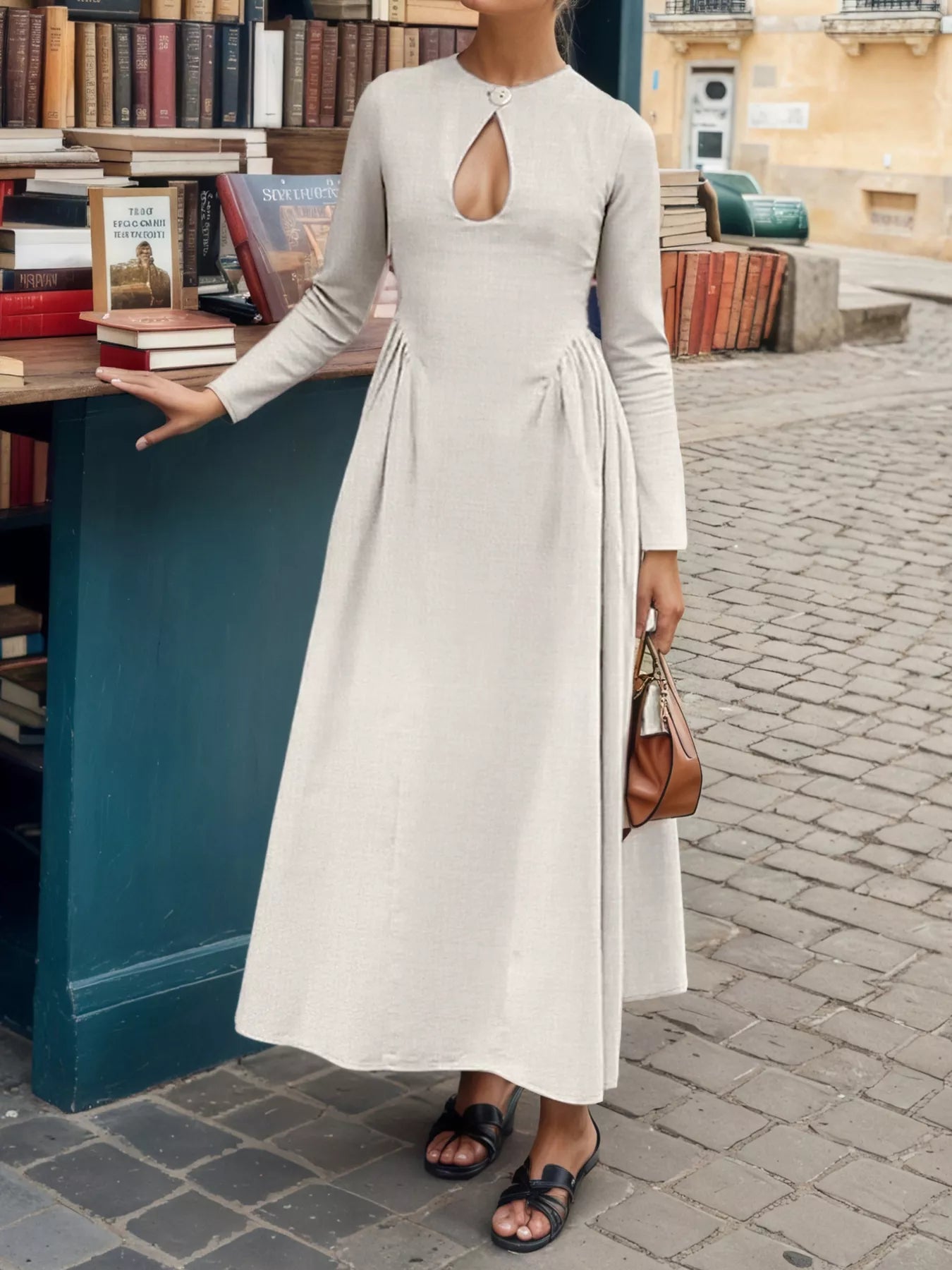 Cutout Front Long Sleeve A-Line Dress
