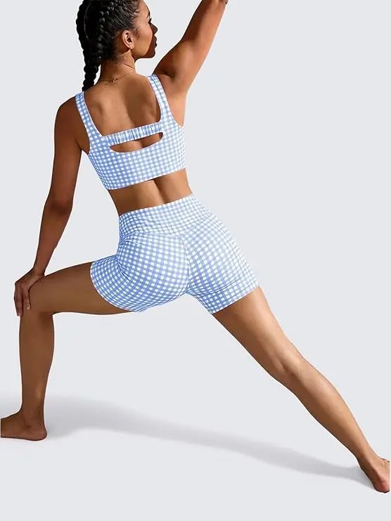 Women's 2-Piece Athleisure Set – Padded Open Back Gingham Crop Tank & High Waisted Seamless Shorts