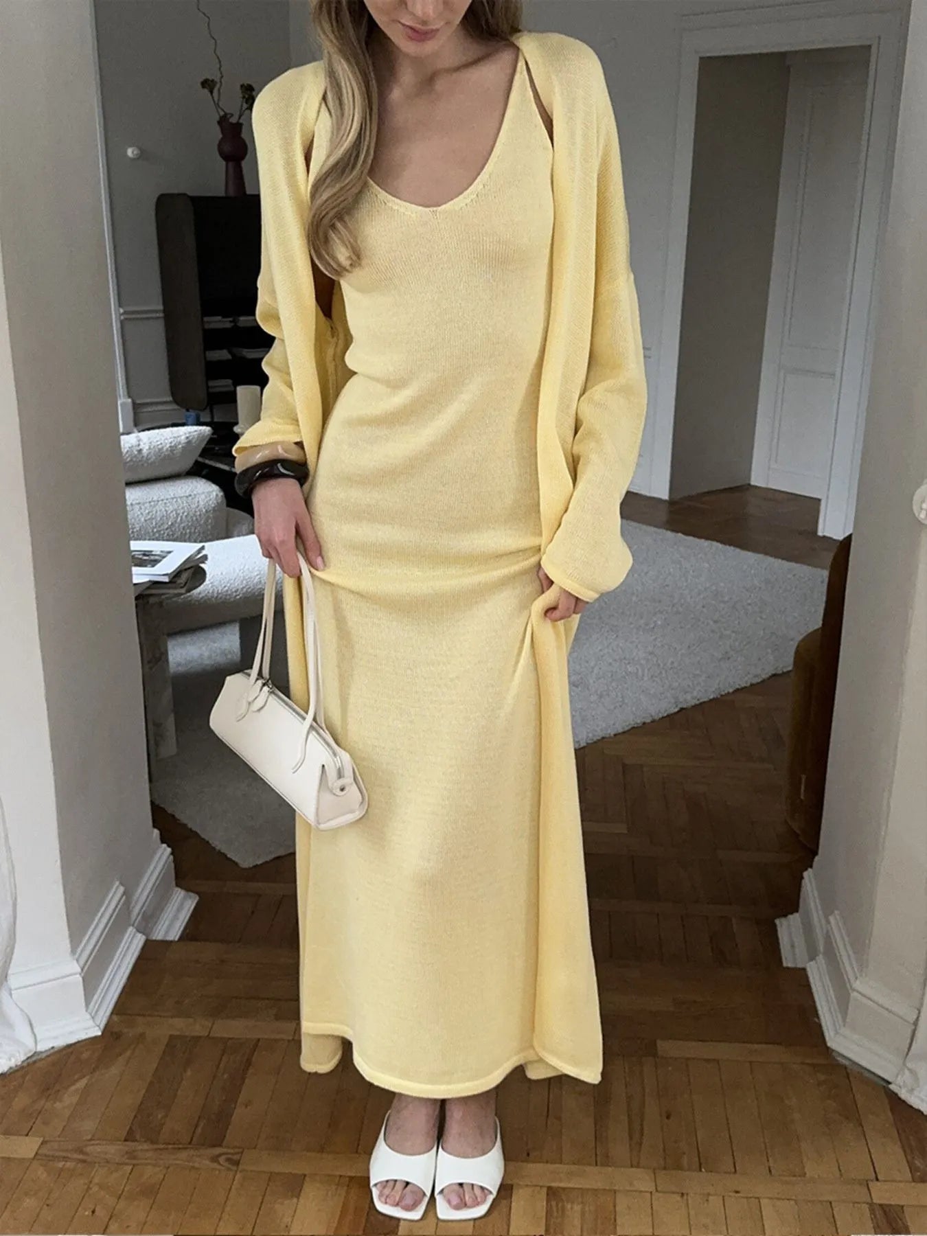 V-Neck Knit Dress and Cardigan Sweater Set