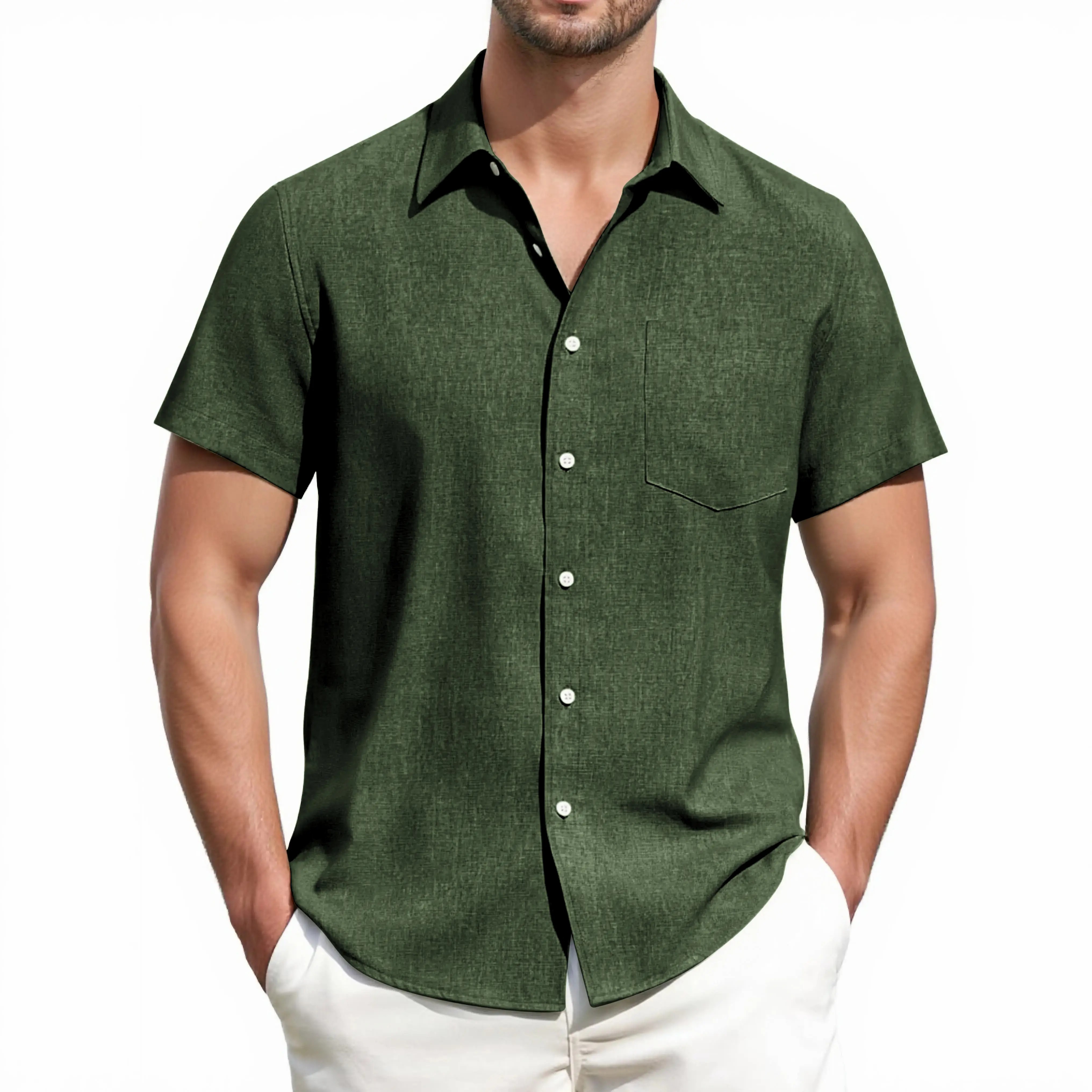 Men's Linen Short Sleeve Shirt – Breathable Lightweight Casual Button Down with Pocket