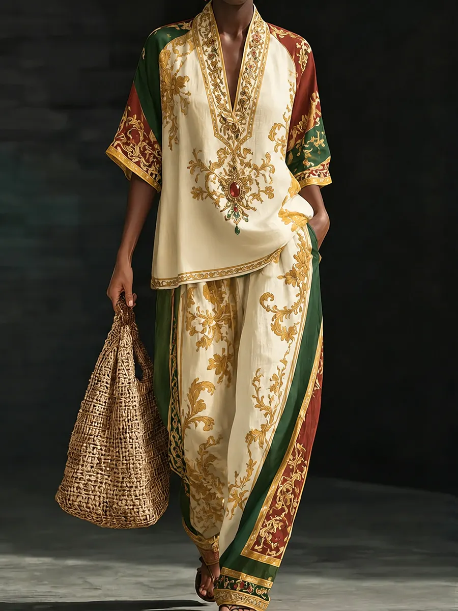 Women’s Ivory Green & Burgundy Luxury Boho Two-Piece Set with Gold Baroque  Pattern