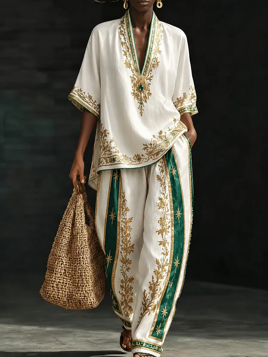 Ivory & Emerald Green Baroque Print Lounge Set with Ornate Gold Embroidery Trim