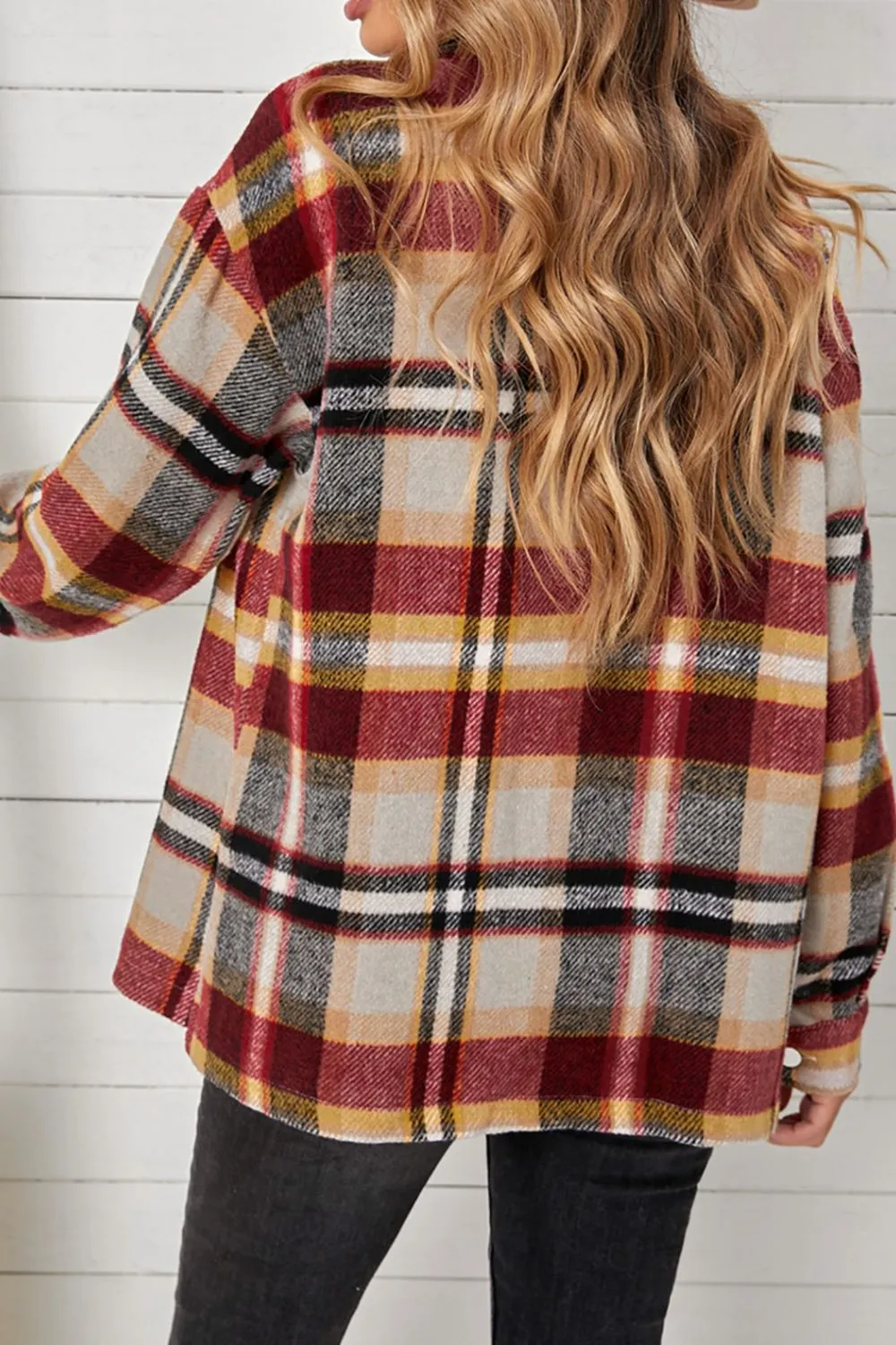 Plaid Pocketed Button Down Shacket Multiple Colors
