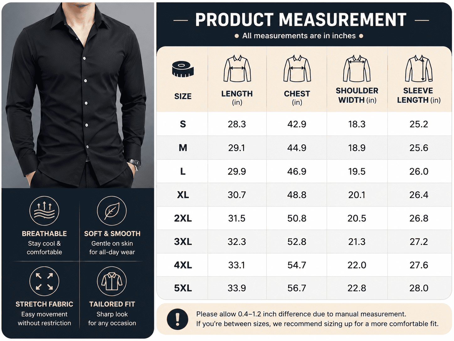 Men’s Long-Sleeve Shirts With A Notched Lapel Collar