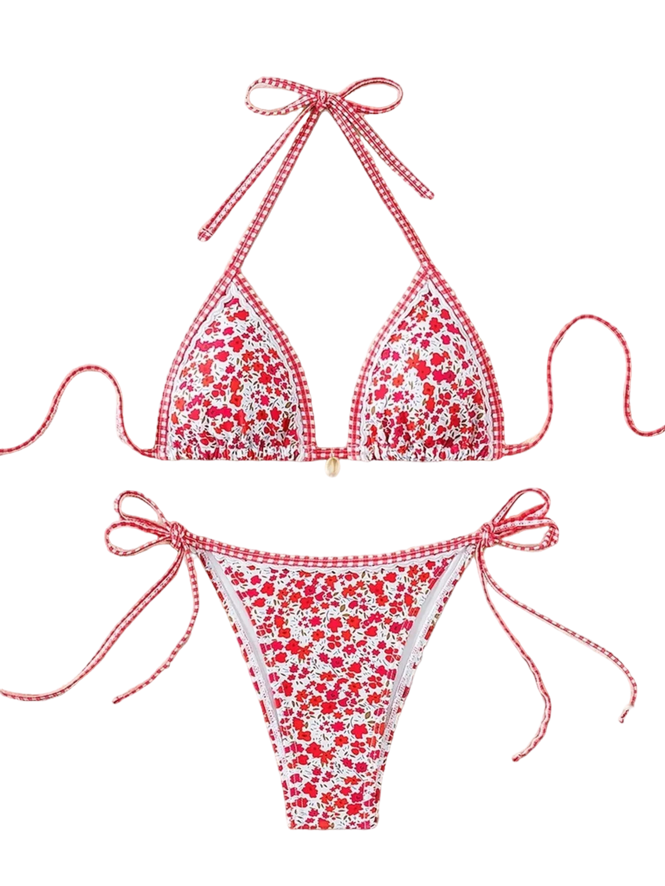 Women's All Over Print Bikini Set, Chic Halter Neck Swim Bra & Tie Side Swim Thong
