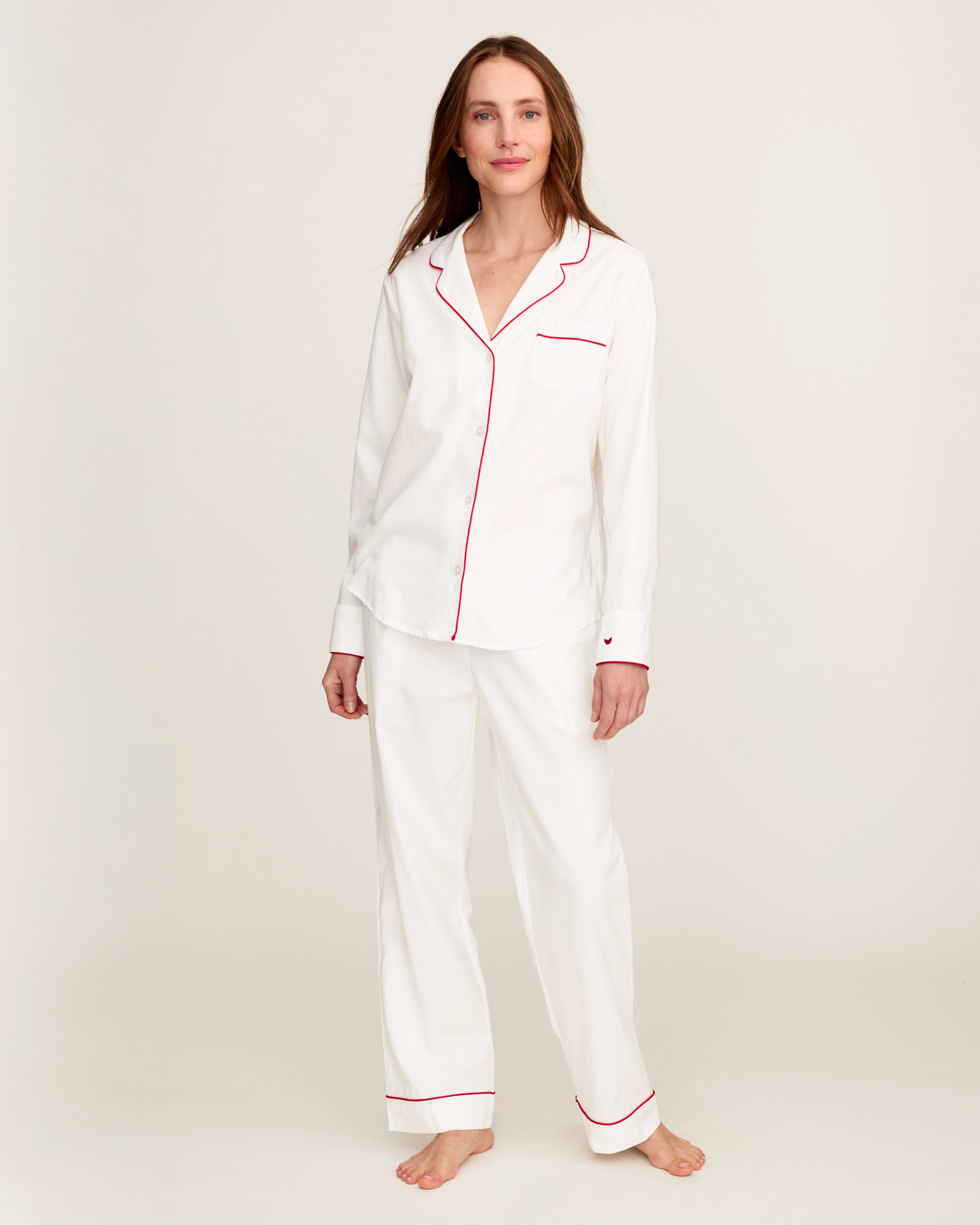 Women's Twill Pajama Set in White with Red Piping