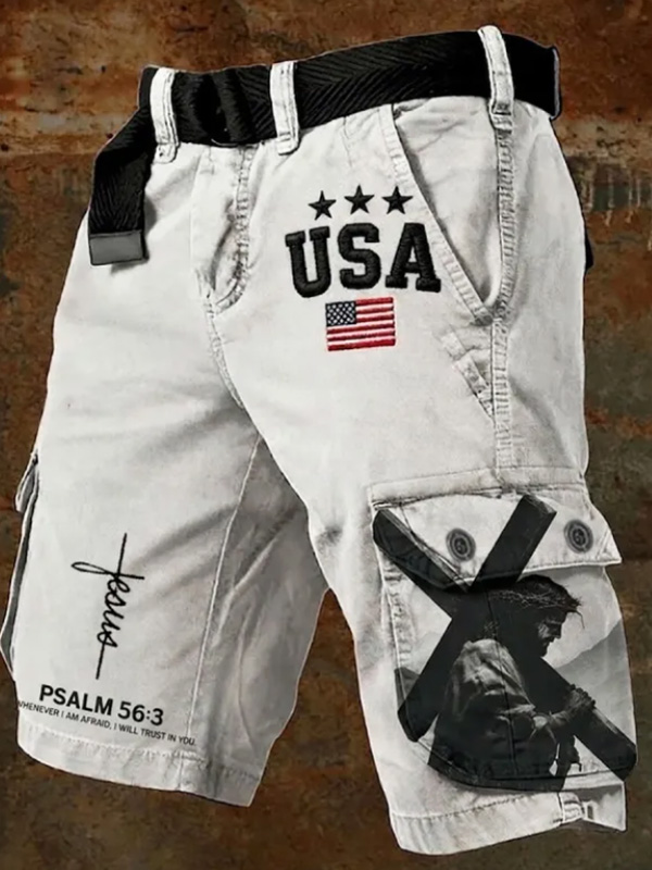 Men's USA Flag Jesus Cross Psalm Art Print Casual Shorts