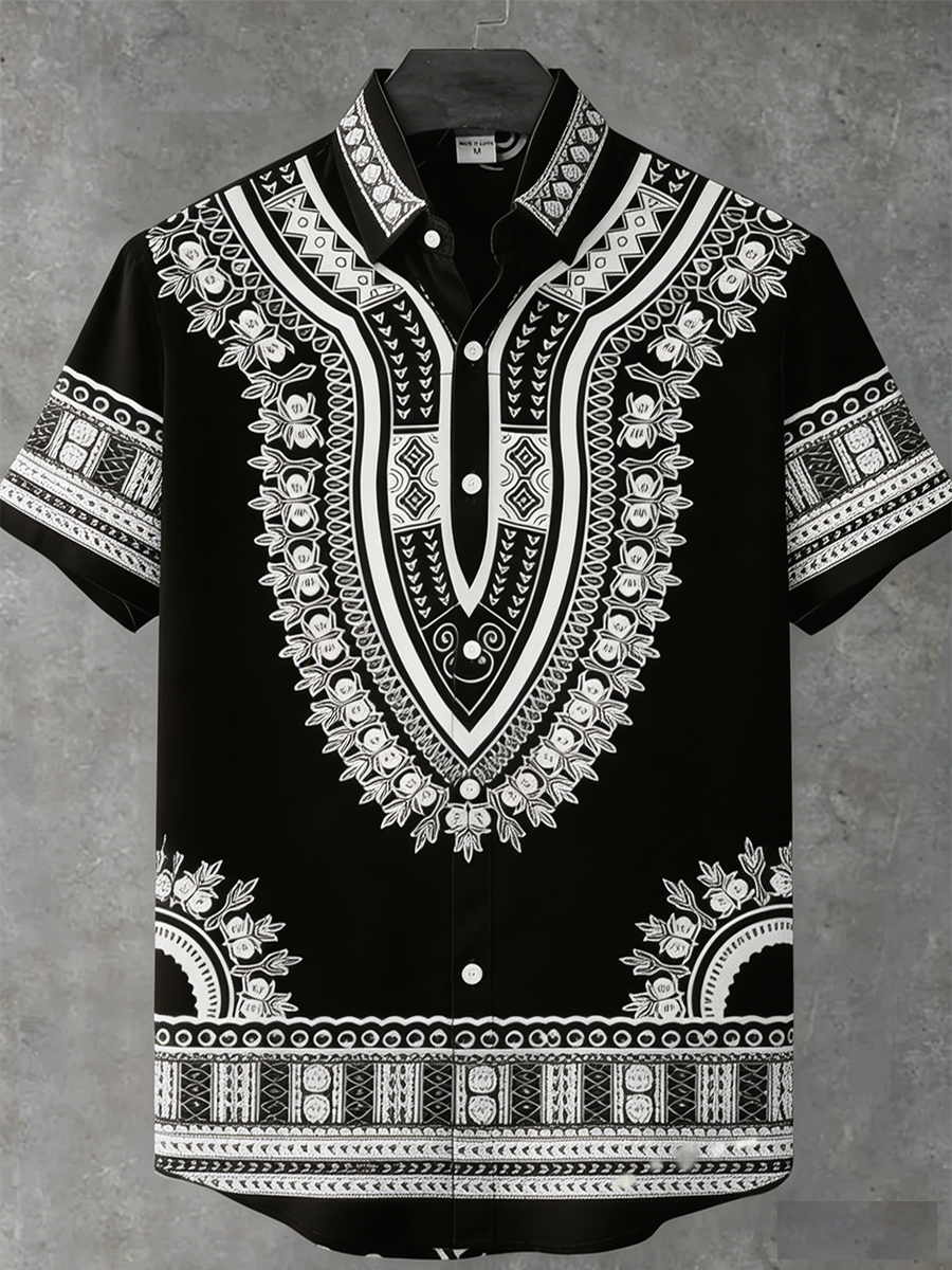 Abstract African Tribal Geometric Art Print Casual 100% Cotton Shirt