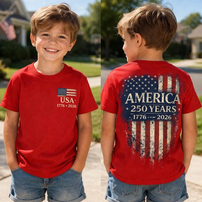 America 250 Years Kids Shirt, 1776 2026 USA Flag Tee, Patriotic Boys T-Shirt, Double Sided Red Top, 4th Of July Youth Shirt, USA Boy