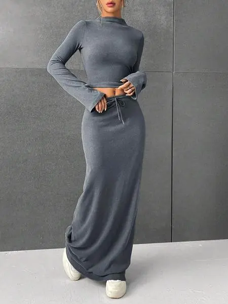 Women's Solid Flounce Sleeve Crop Tee & Skirt Two-piece Set