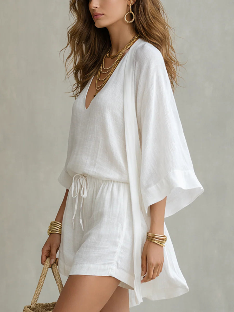 Loose Cardigan And Drawstring Shorts Three-piece Set
