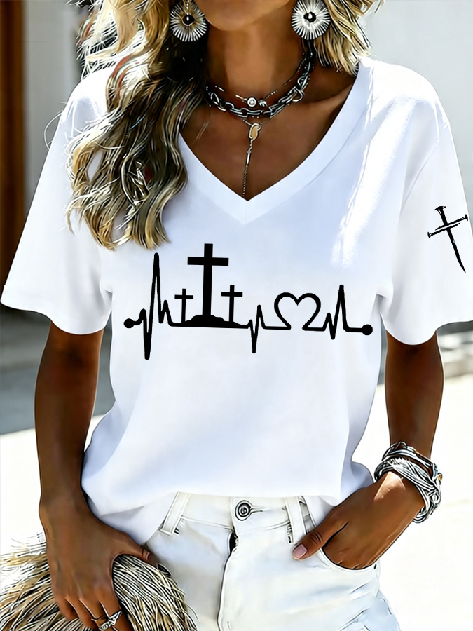 Women's Jesus Three Crosses Heartbeat Print Casual T-shirt