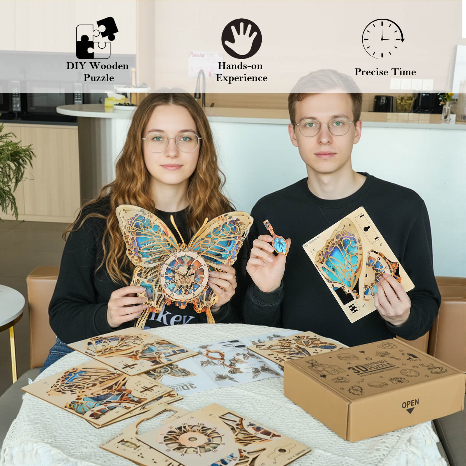 Butterfly DIY Wooden Clock, 3D Puzzle Craft Kit