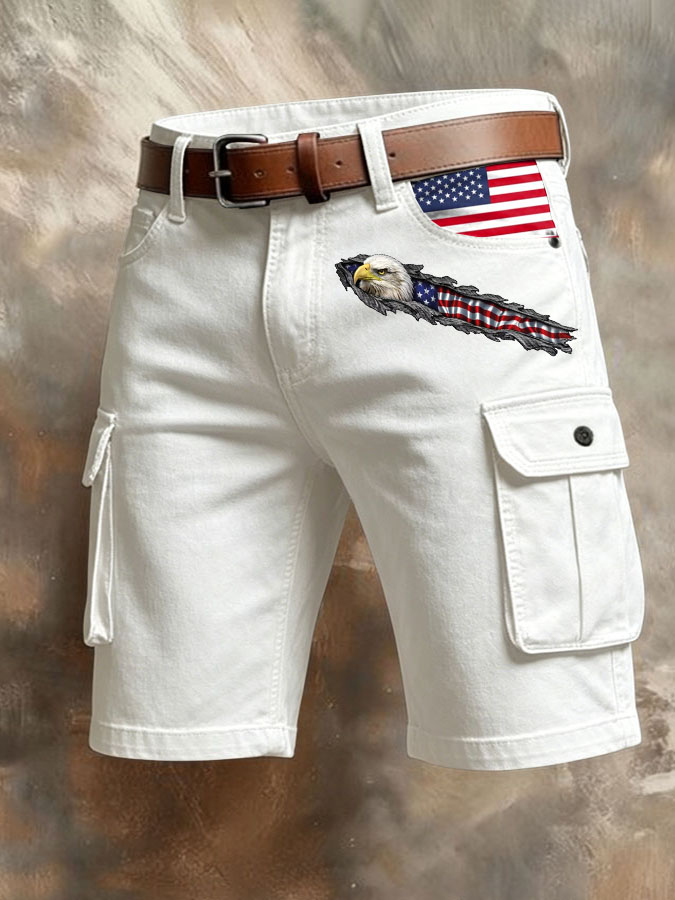Men'S Retro American Flag Printed Multi Pocket Design Cargo Pants
