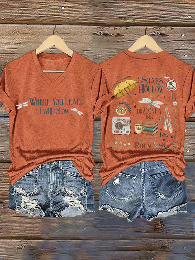 🔥HOT SALE🔥V-Neck Retro Stars Hollow Autumn Luke Diner Coffee Dragonfly Inn Where You Lead, I Will Follow Print T-Shirt