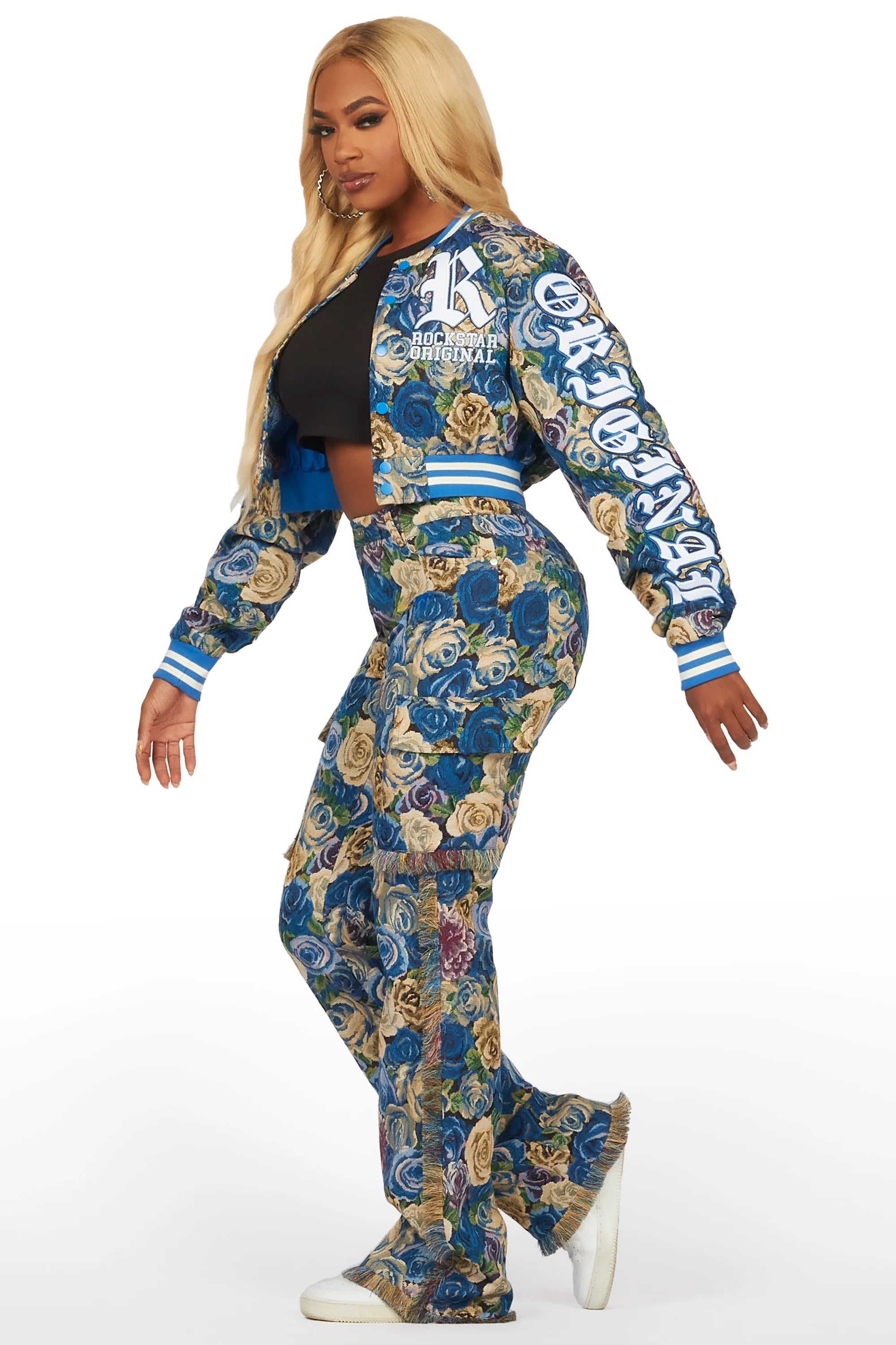 Darresha Blue Crop Tapestry Varsity Jacket
