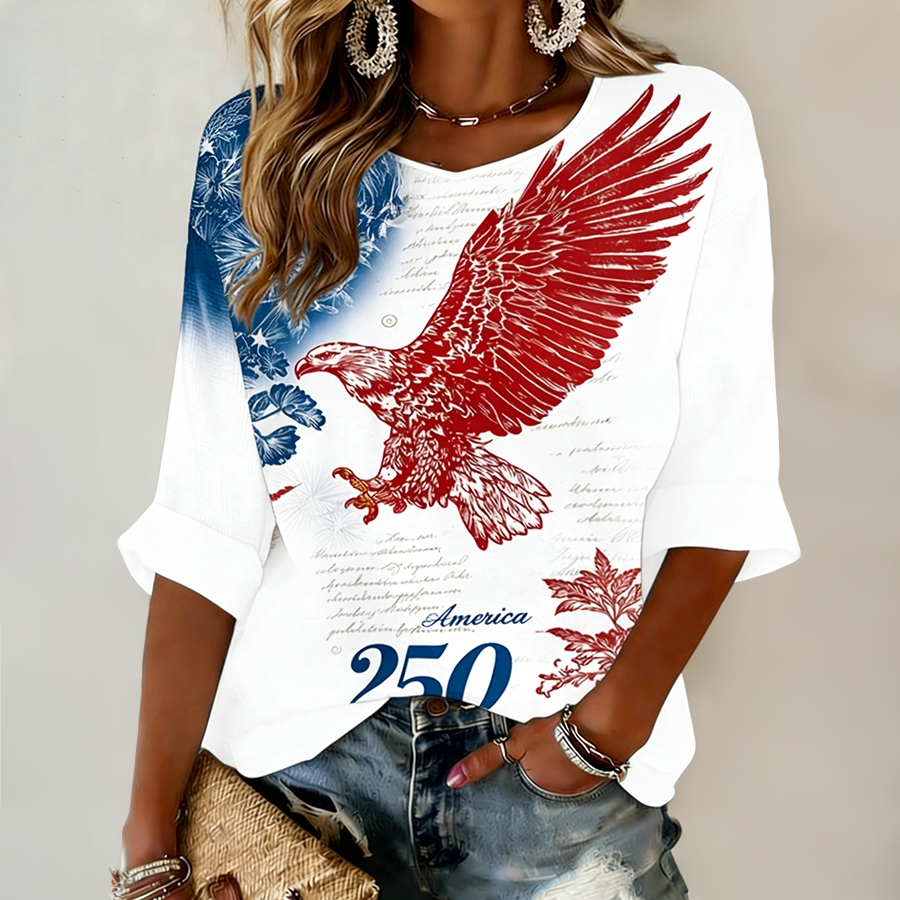 Women's America 250 Red Eagle Patriotic Gradient V-Neck T-Shirt