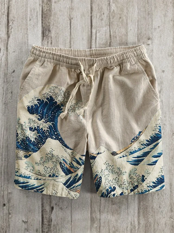 Men's Rough Seas Waves Art Printed Casual Shorts