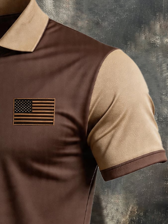 Men's Retro Patriotic Color-Block Short-Sleeve Polo Shirt