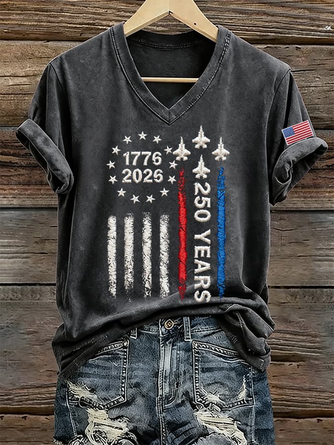 Women's 250 Years Of Freedom Print V Neck T-shirt