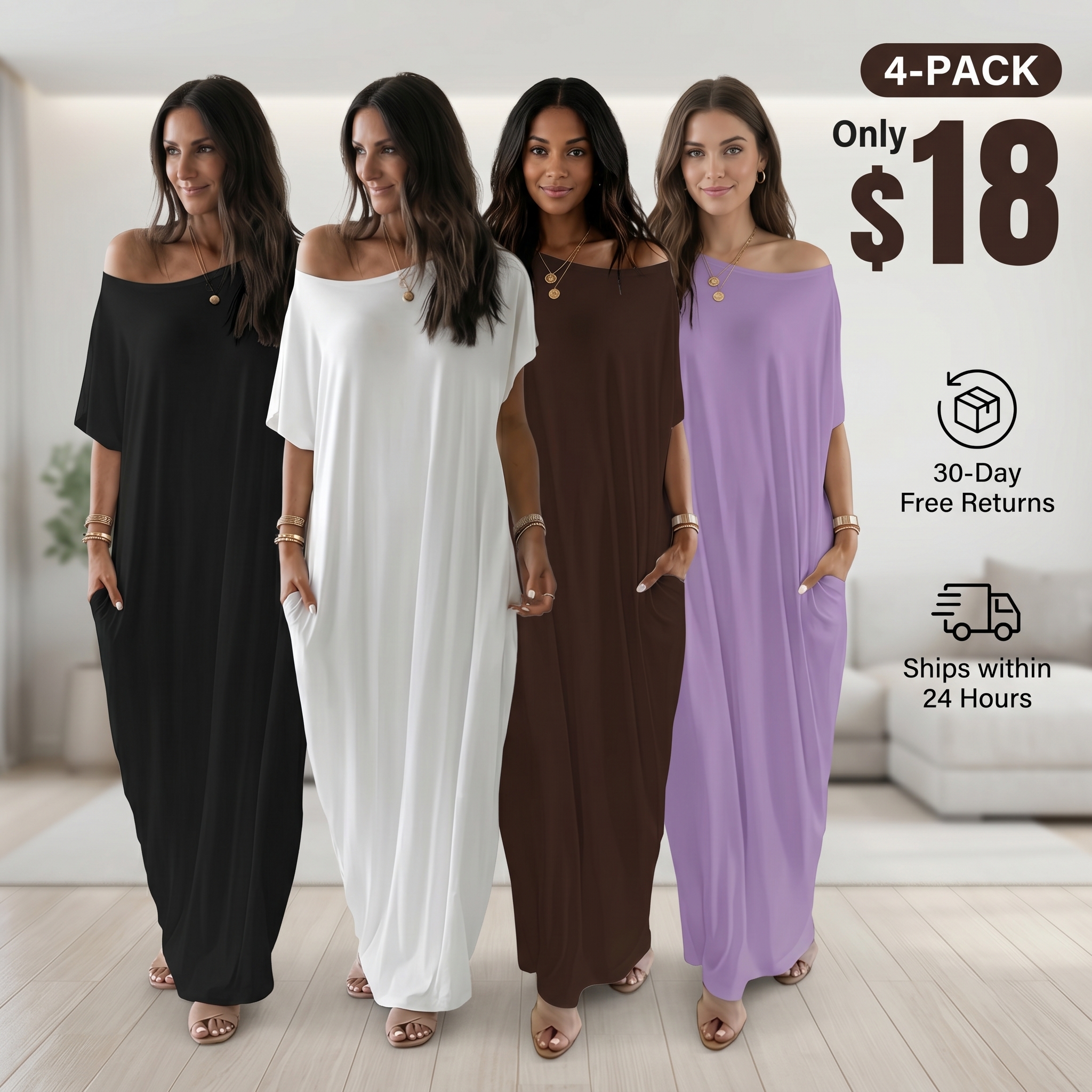 Women's Solid-Color Batwing-Sleeve Loungewear Dress