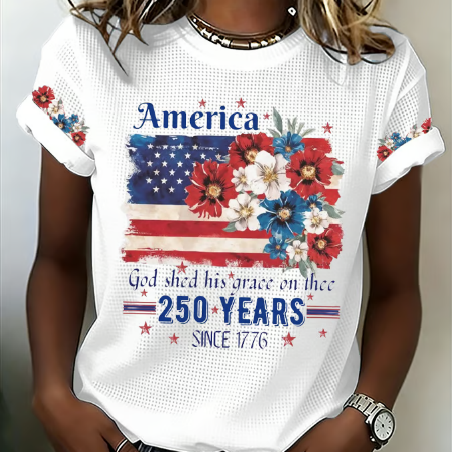 Women's 250th Anniversary National Flag Floral Print Casual Waffle T-shirt