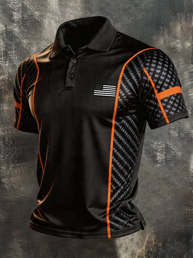 Men's Retro Patriotic Color-Block Short-Sleeve Polo Shirt